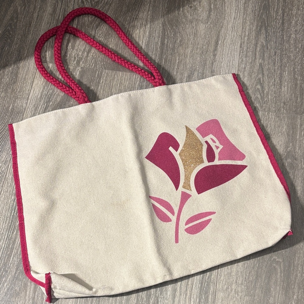 Lancome Cream Canvas Tote with Pink Rose Graphic and Gold Detail